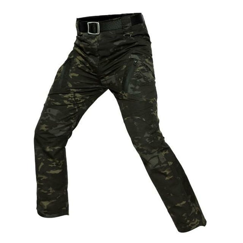 Camouflage pants with a belt on a white background