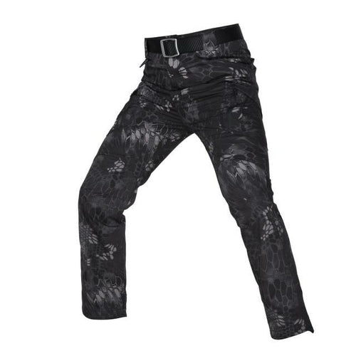 Black camouflage pants with a belt on a white background