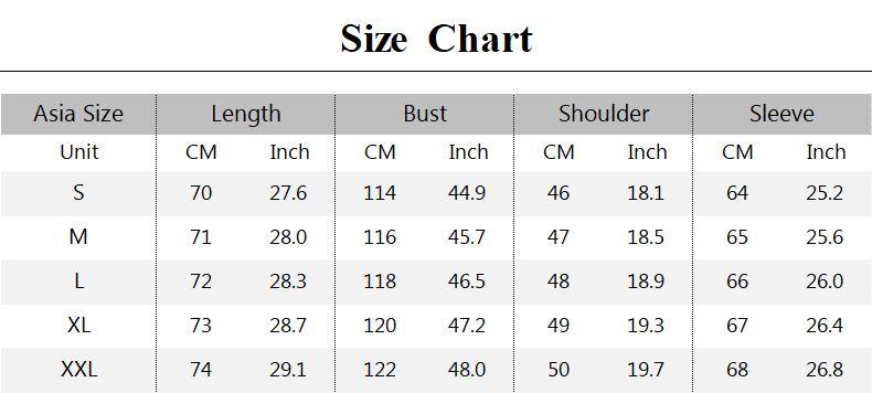 Size chart for clothing with measurements in centimeters and inches.
