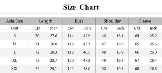 Size chart for clothing with measurements in centimeters and inches.