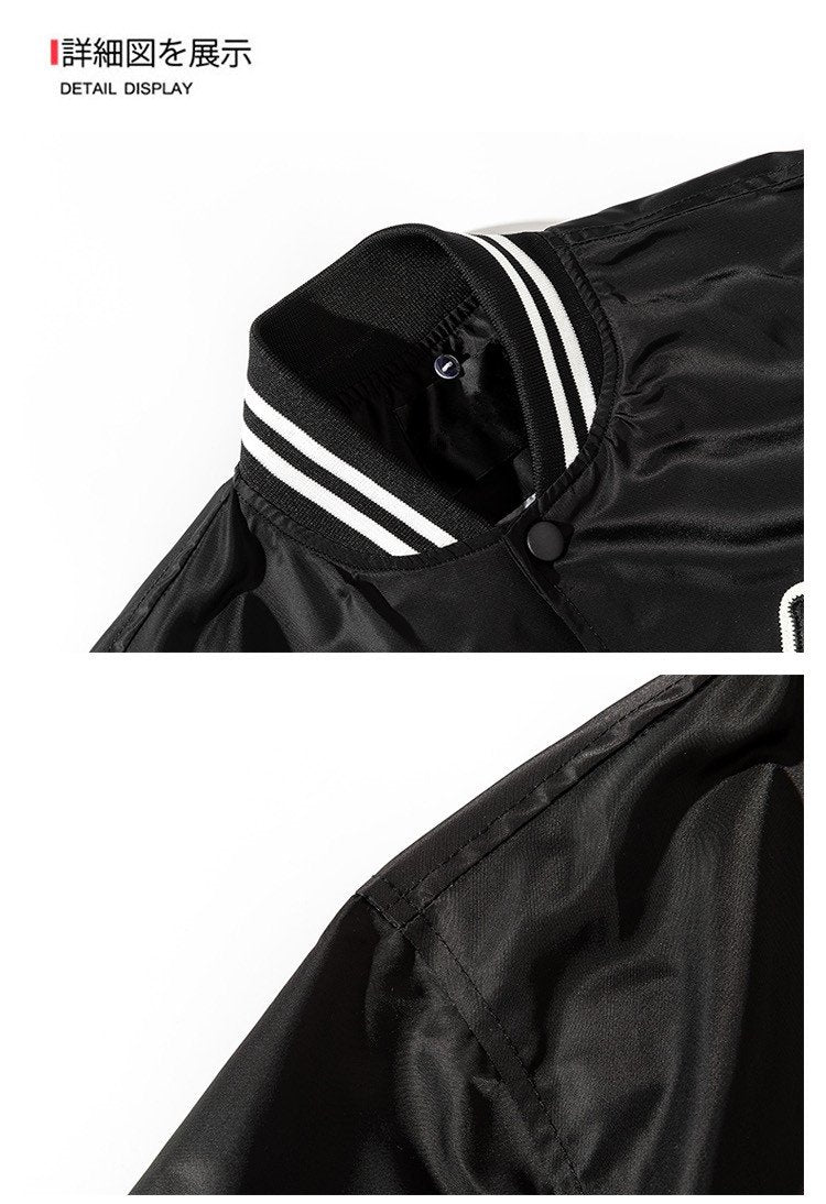 Close-up of a black jacket with white stripes on the collar and cuffs.