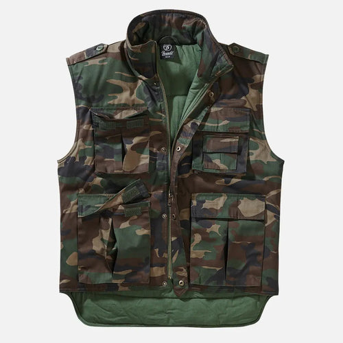 Camouflage vest with multiple pockets on a white background