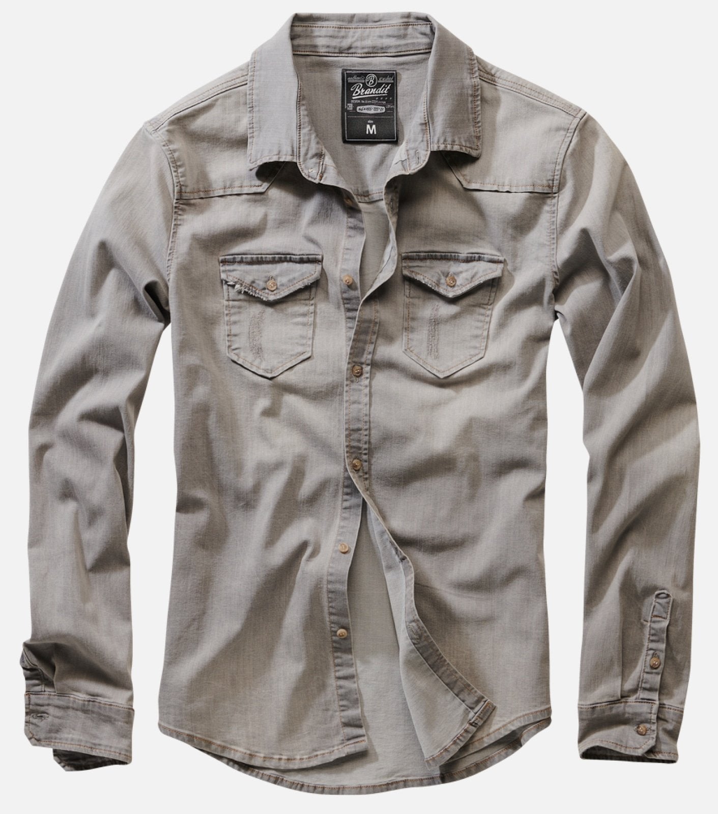 Light gray denim shirt with rolled-up sleeves on a white background