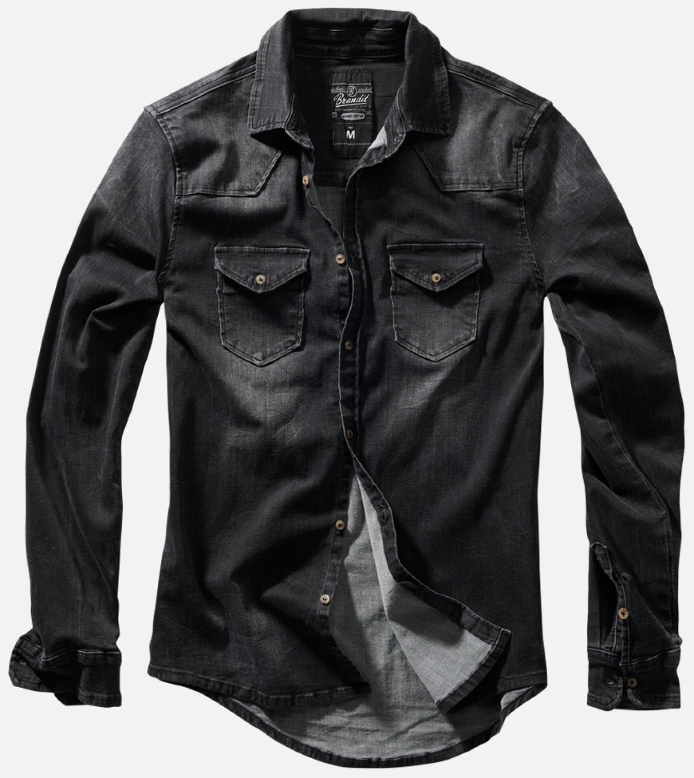 Black denim shirt with rolled-up sleeves on a white background