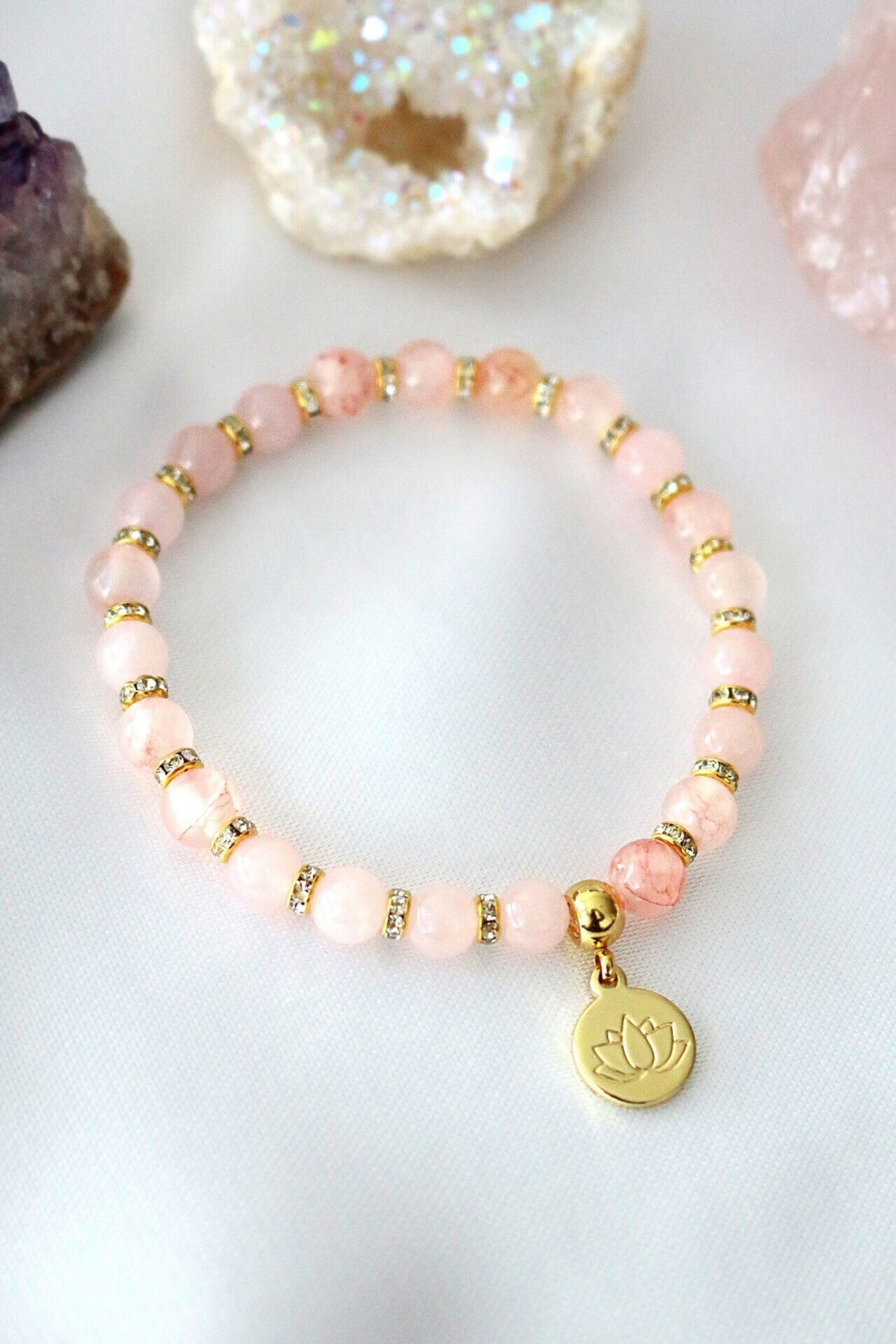 Rose Quartz Amethyst Healing Bracelet with 24K Gold Lotus Charm - Natural Crystal Jewelry - Style Queenz