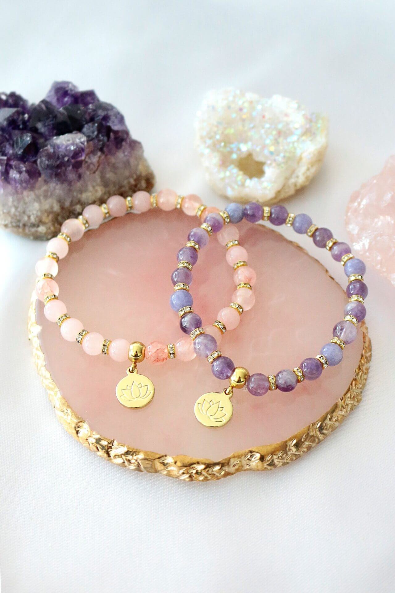 Rose Quartz Amethyst Healing Bracelet with 24K Gold Lotus Charm - Natural Crystal Jewelry - Style Queenz