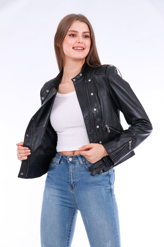 Rovigo Black Leather Biker Jacket - Women's Genuine Nappa Lambskin - Style Queenz