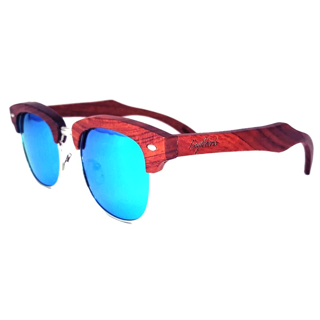 Sunglasses with red wooden frame and blue lenses on a white background