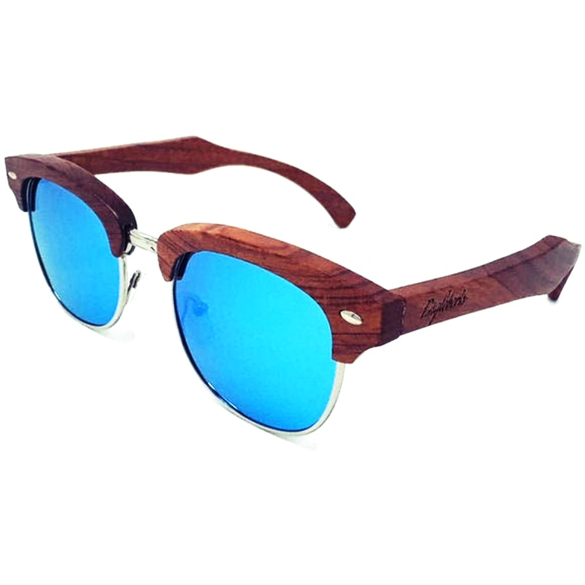 Wooden-framed sunglasses with blue lenses on a white background