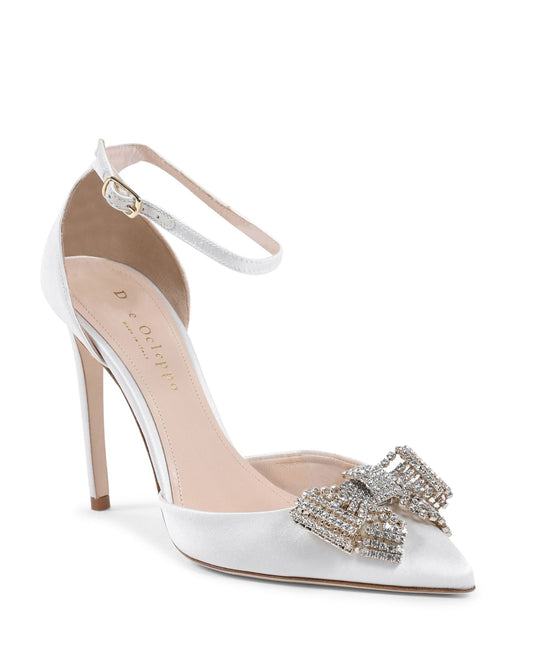Satin Bow Pump - Ivory Italian High Heel with Crystal Bow Detail - Style Queenz