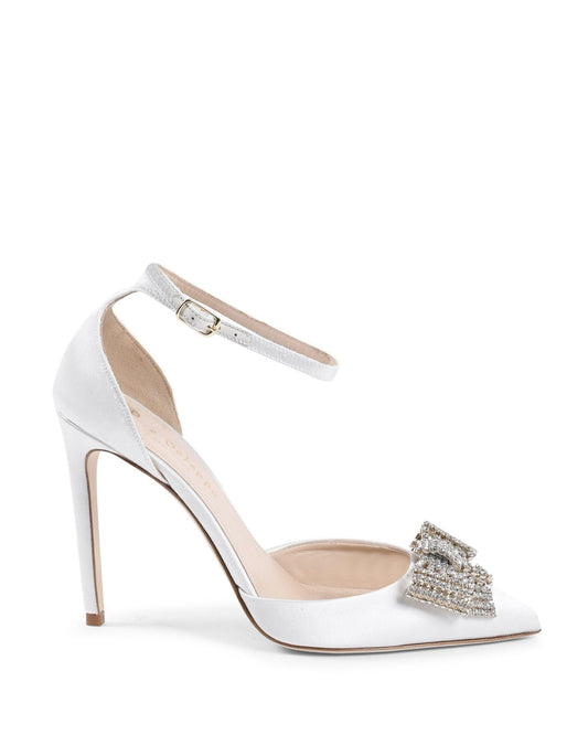 Satin Bow Pump - Ivory Italian High Heel with Crystal Bow Detail - Style Queenz
