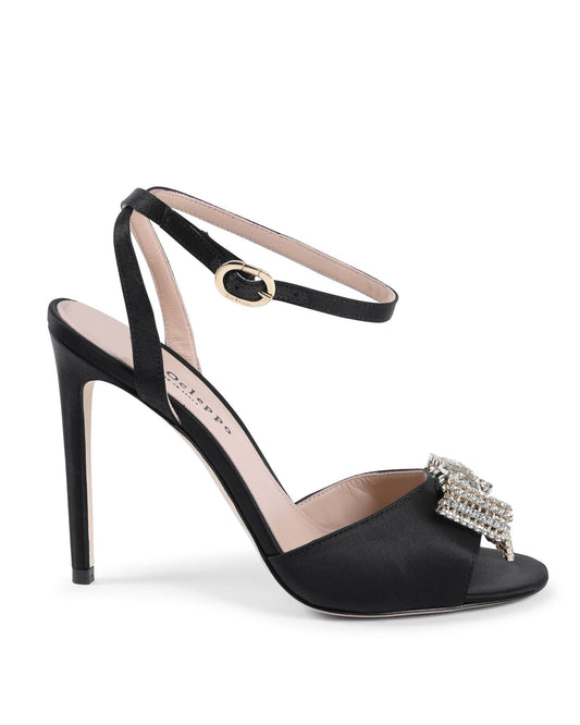 Satin Bow Sandal - Black Italian High Heel with Swarovski Crystal Bow - Style Queenz