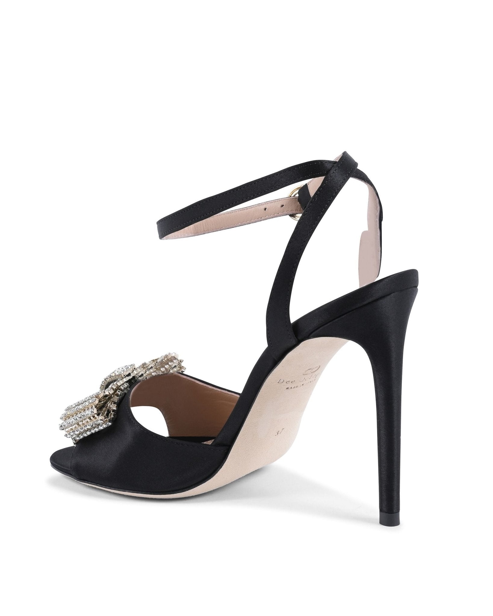 Satin Bow Sandal - Black Italian High Heel with Swarovski Crystal Bow - Style Queenz