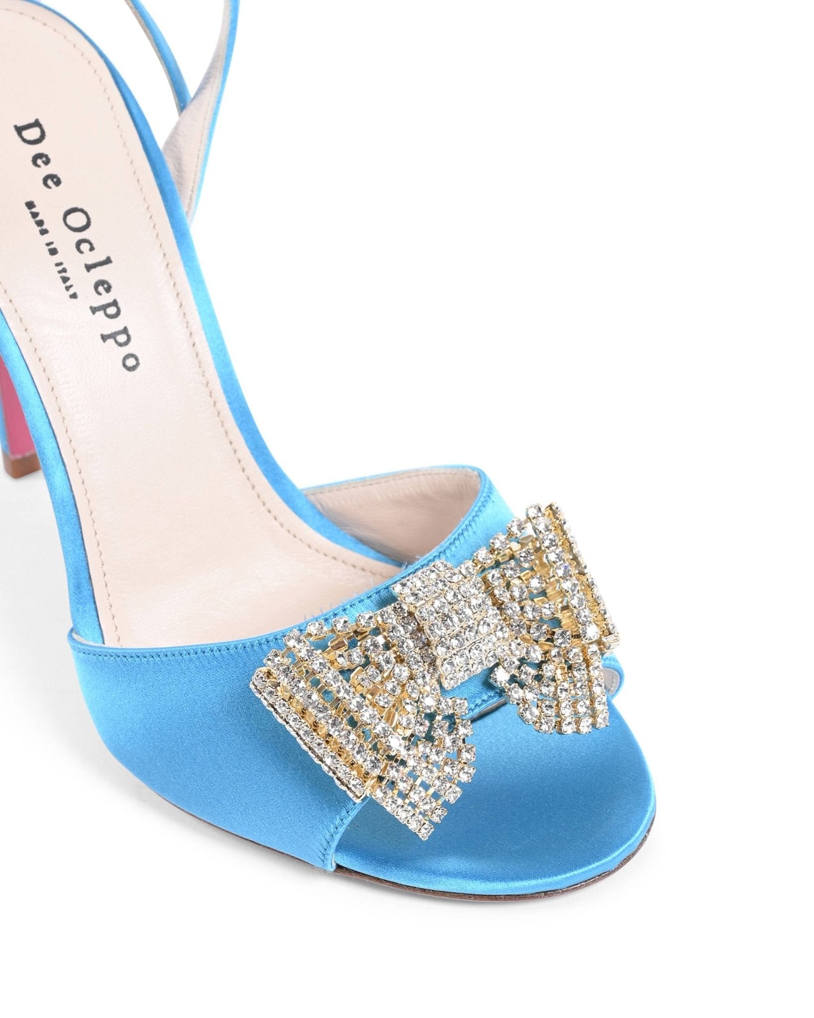 Satin Bow Sandal Light Blue - Italian High Heel with Swarovski Crystal Bow - Style Queenz