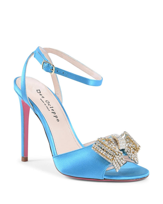 Satin Bow Sandal Light Blue - Italian High Heel with Swarovski Crystal Bow - Style Queenz