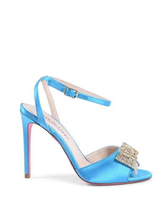 Satin Bow Sandal Light Blue - Italian High Heel with Swarovski Crystal Bow - Style Queenz