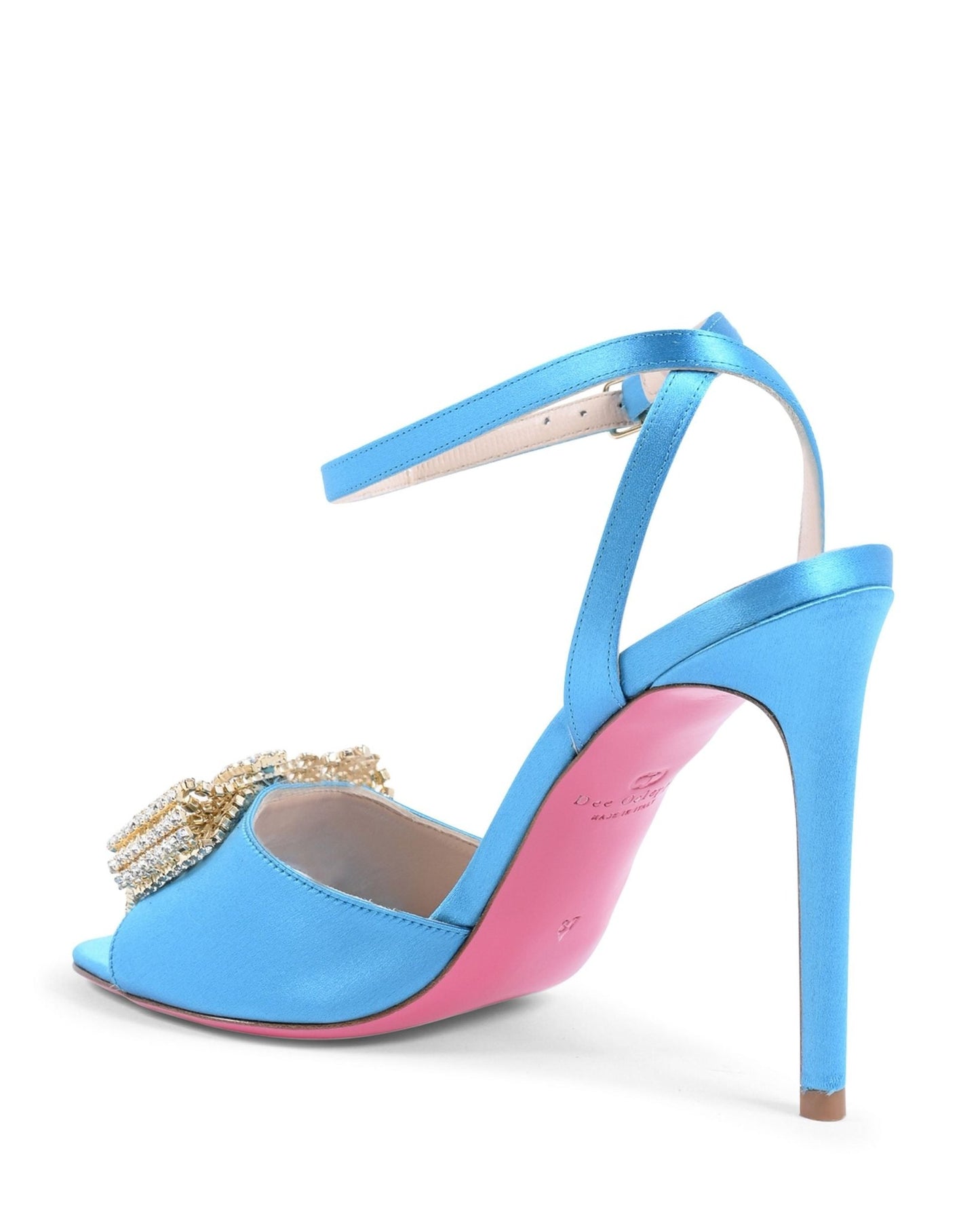 Satin Bow Sandal Light Blue - Italian High Heel with Swarovski Crystal Bow - Style Queenz