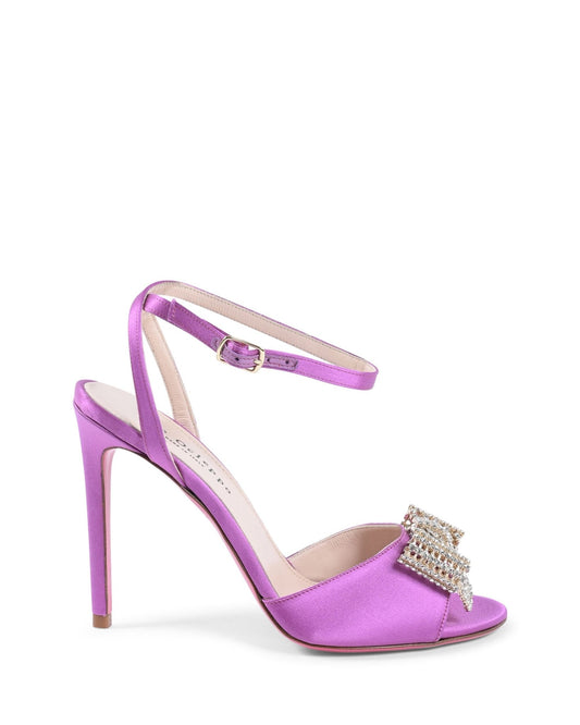 Satin Bow Sandal - Purple Italian High Heel with Swarovski Crystal Bow - Style Queenz