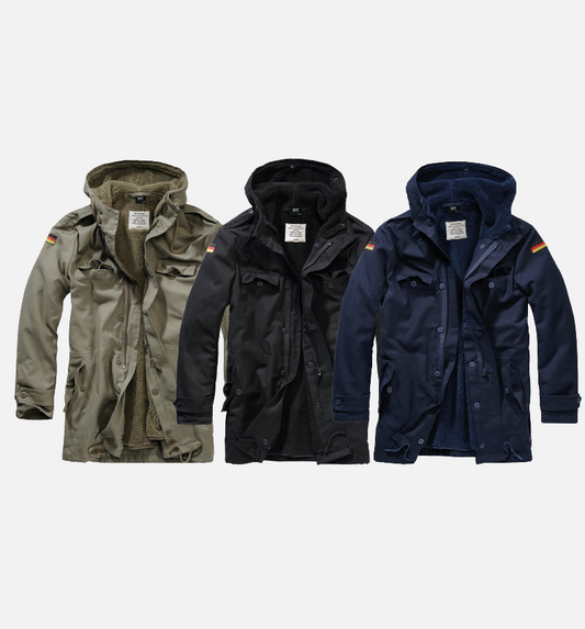 Three jackets in different colors on a white background