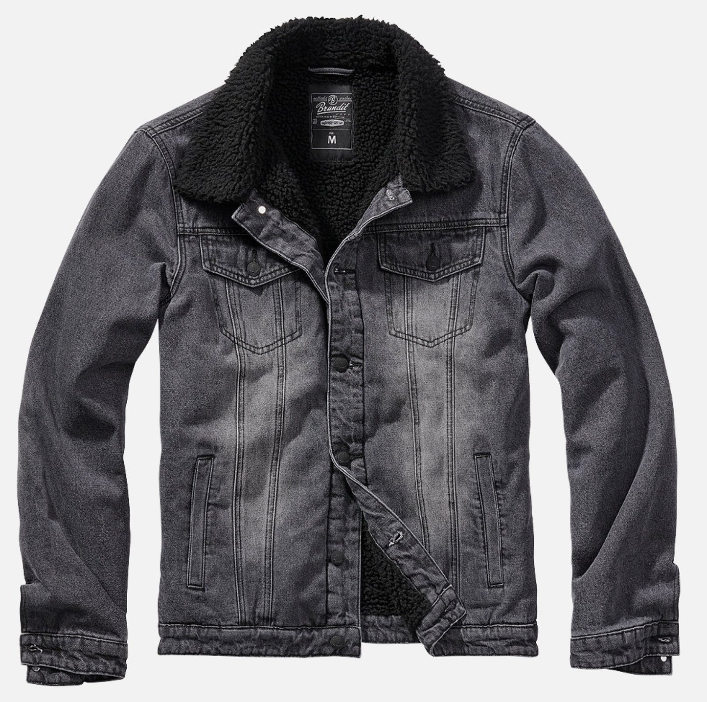 Denim jacket with sherpa lining on a light gray background