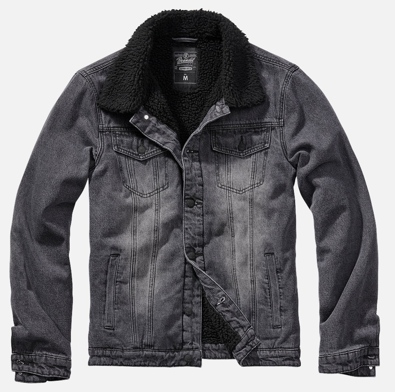 Denim jacket with sherpa lining on a light gray background