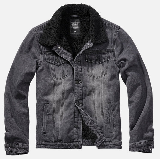 Denim jacket with sherpa lining on a light gray background