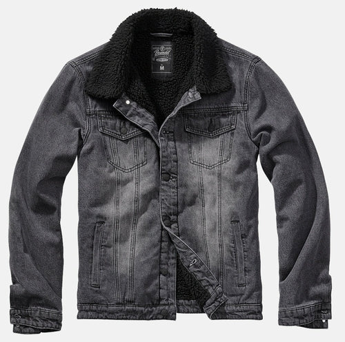 Denim jacket with sherpa lining on a light gray background