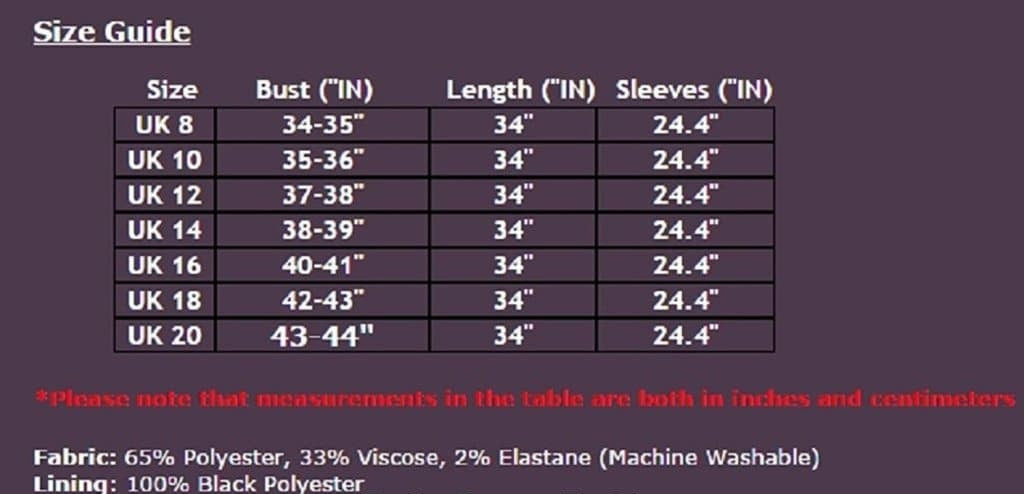 Size guide chart for clothing with measurements in inches on a dark purple background