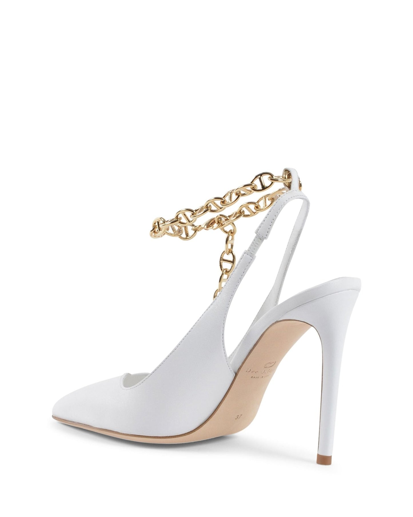 Sophie Pump White Leather Heels - Italian Designer Décolleté 10cm with Gold Chain - Style Queenz