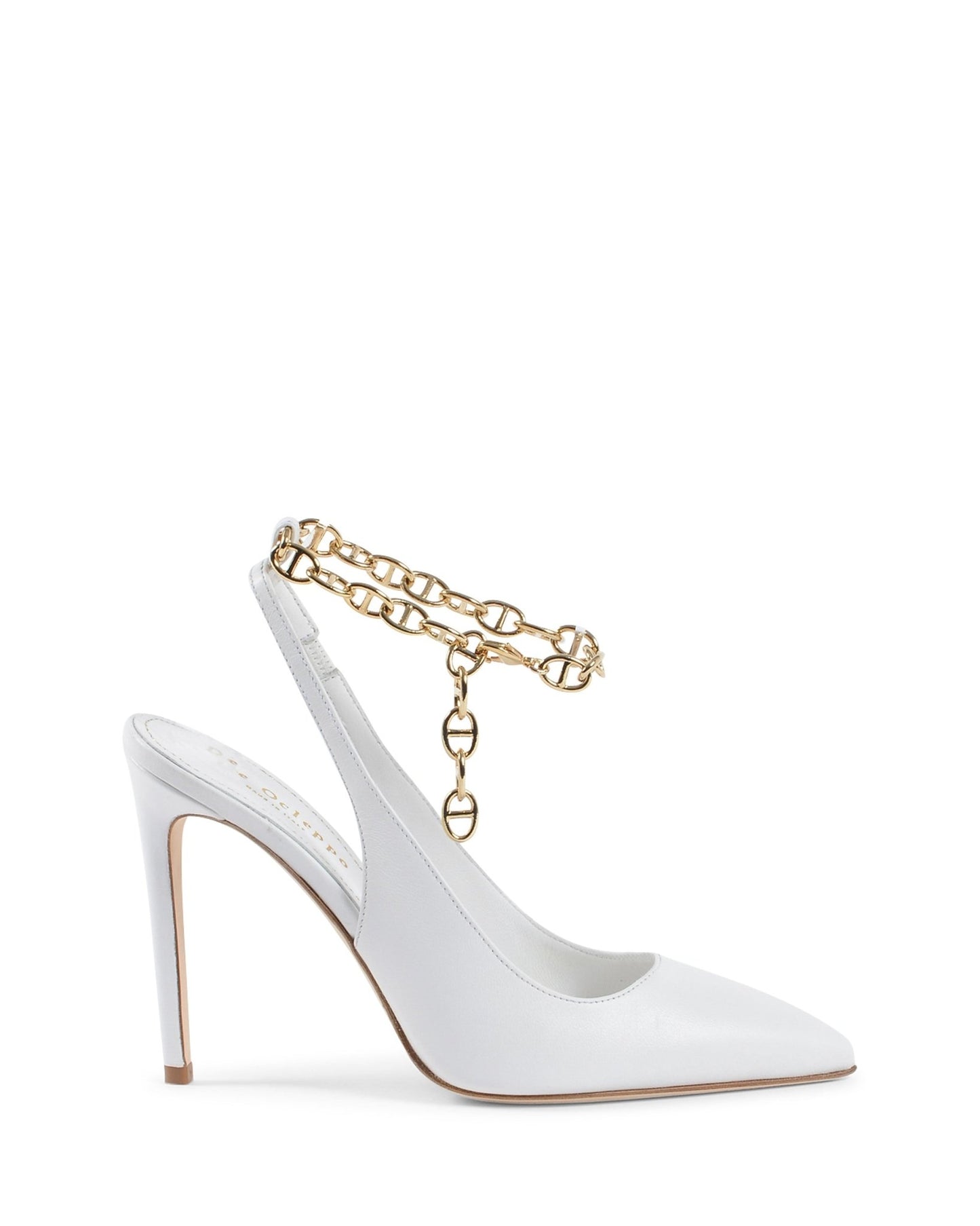 Sophie Pump White Leather Heels - Italian Designer Décolleté 10cm with Gold Chain - Style Queenz
