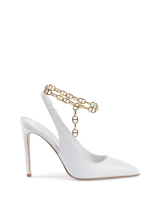 Sophie Pump White Leather Heels - Italian Designer Décolleté 10cm with Gold Chain - Style Queenz