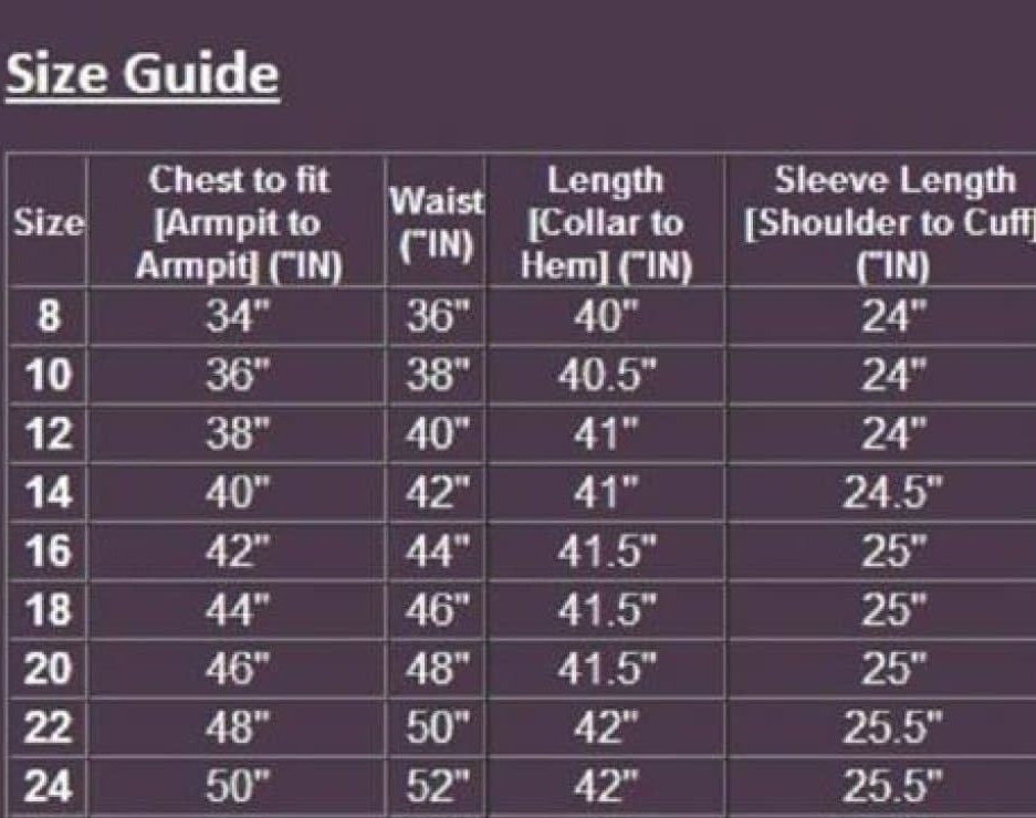 Size guide chart for clothing measurements on a dark background