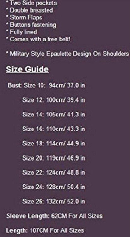 Size guide for a garment with measurements in centimeters and inches on a dark background