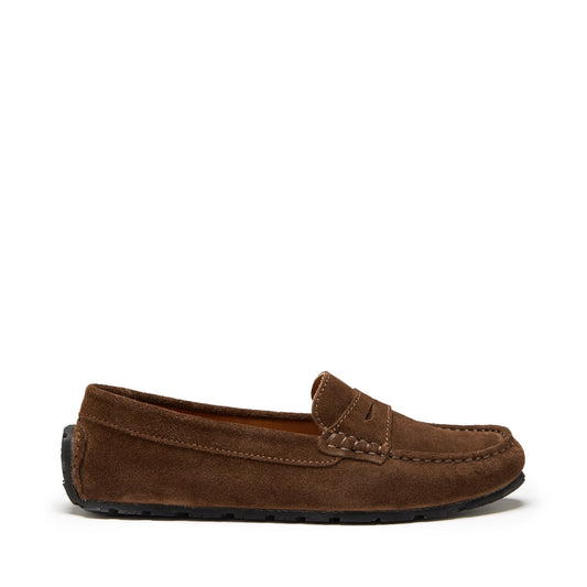 Brown suede loafer on a white background