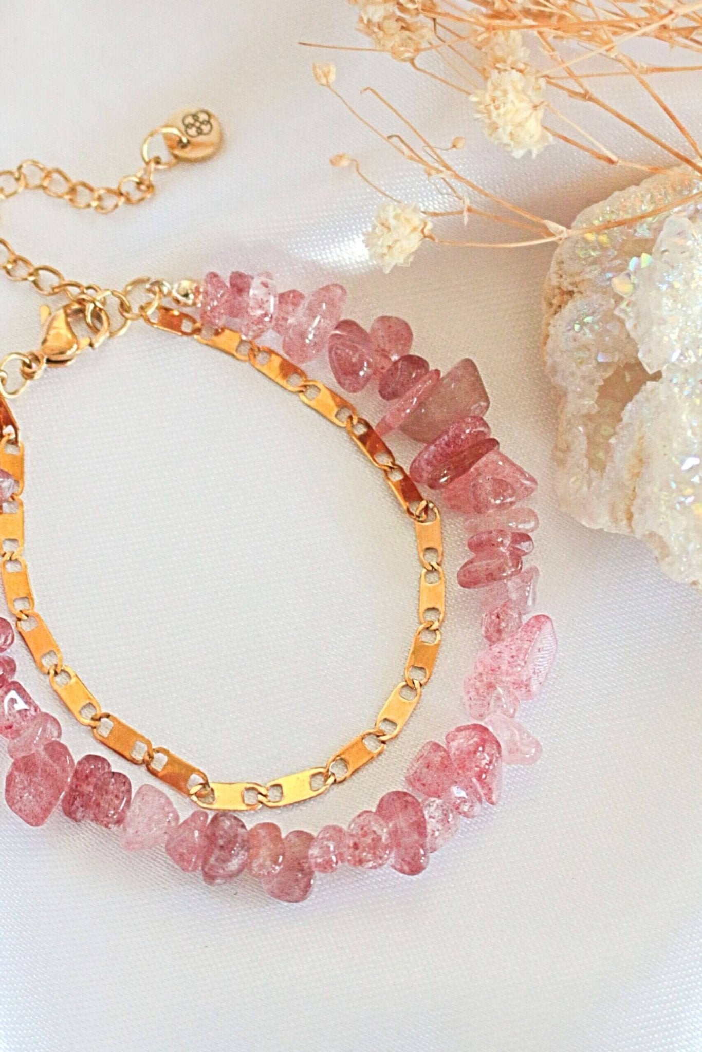 Strawberry Quartz 24K Gold Double Layer Bracelet - Natural Healing Crystal Jewelry - Style Queenz