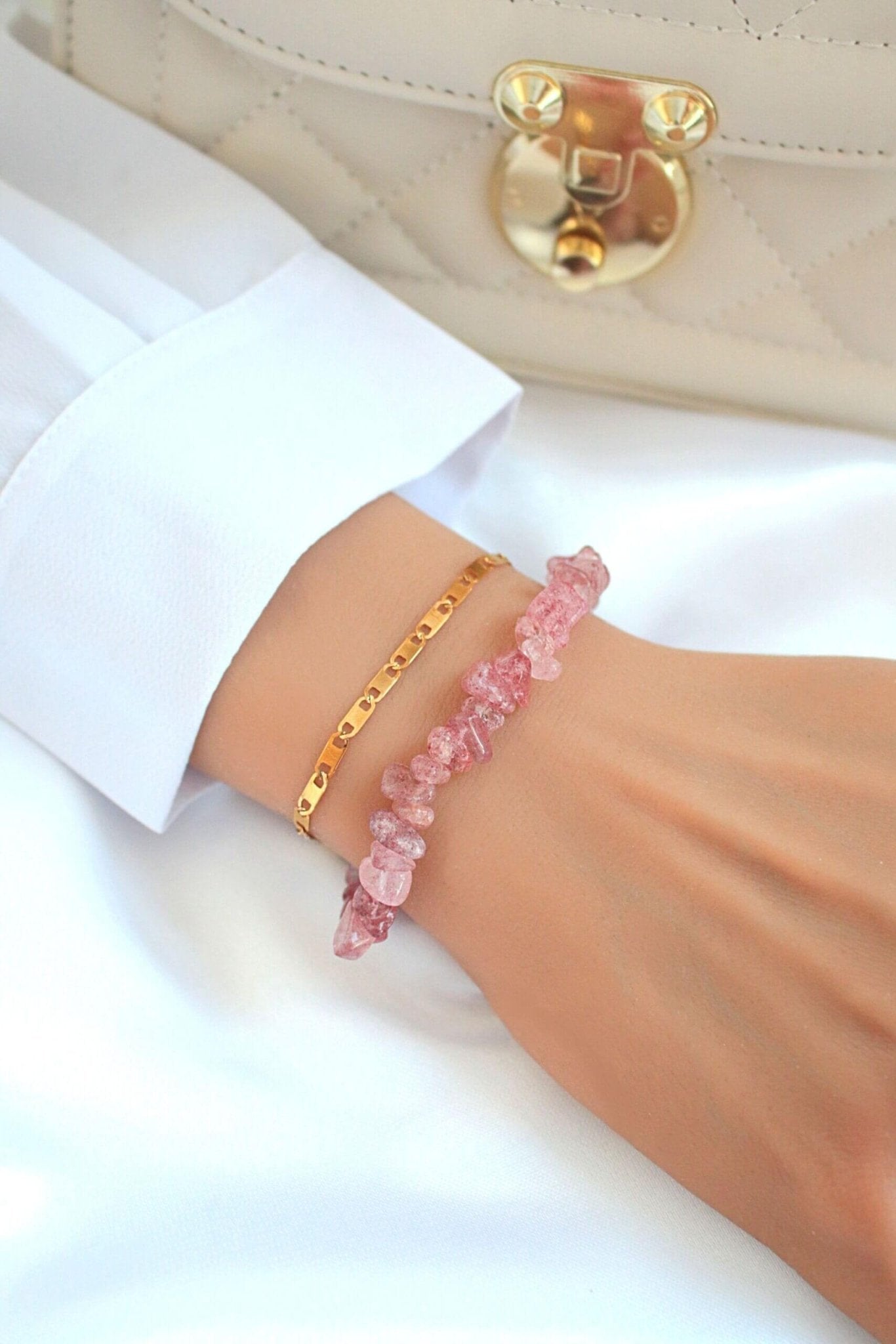 Strawberry Quartz 24K Gold Double Layer Bracelet - Natural Healing Crystal Jewelry - Style Queenz