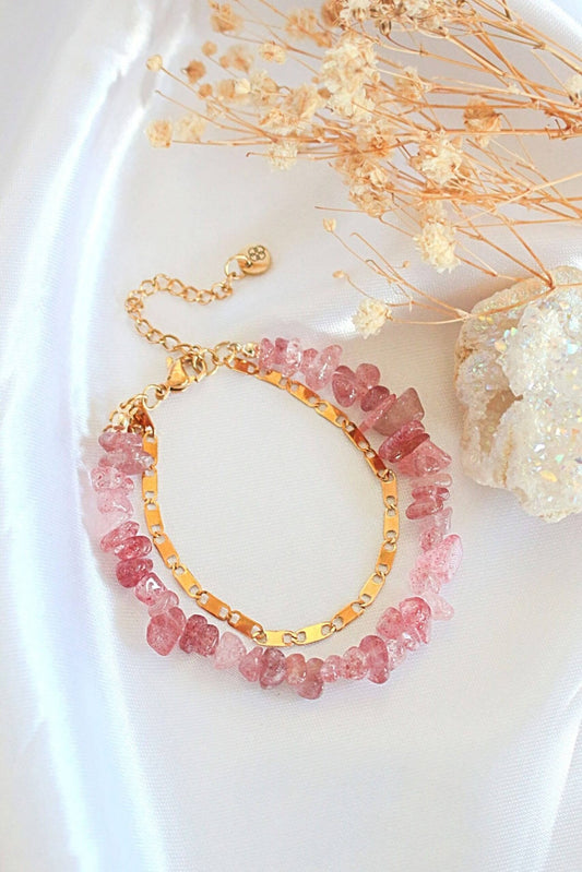 Strawberry Quartz 24K Gold Double Layer Bracelet - Natural Healing Crystal Jewelry - Style Queenz