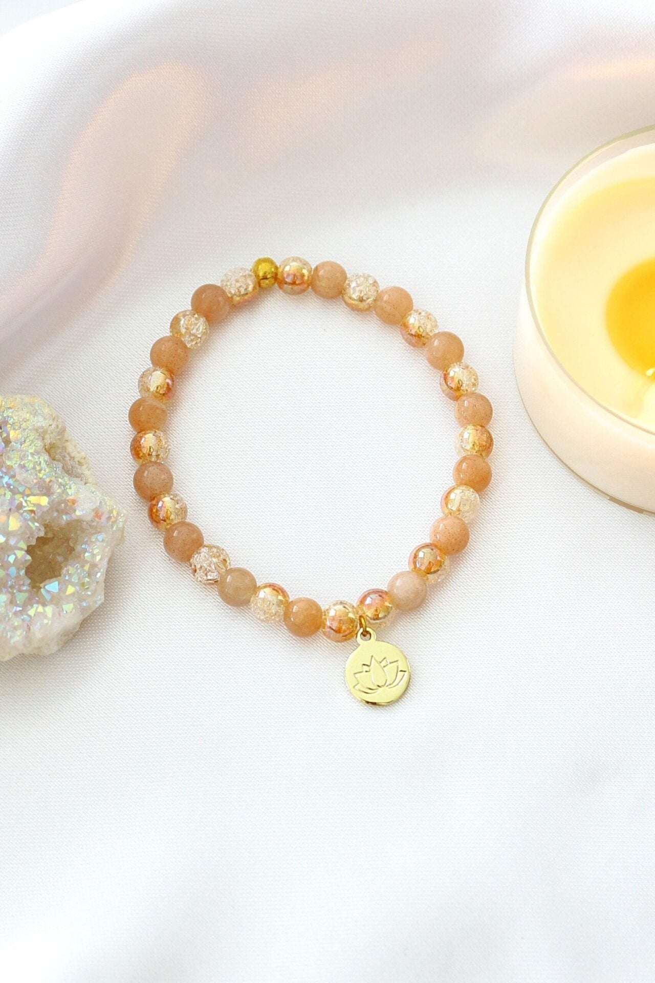 Sunstone Healing Bracelet with 24K Gold Lotus Charm - Natural Crystal Jewelry - Style Queenz