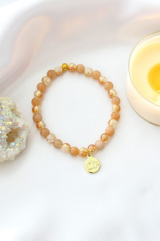 Sunstone Healing Bracelet with 24K Gold Lotus Charm - Natural Crystal Jewelry - Style Queenz