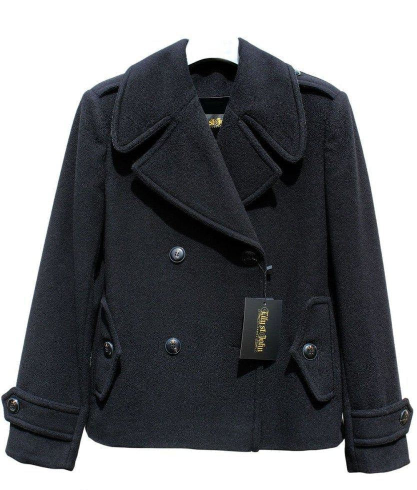 Black peacoat with a tag on a white background