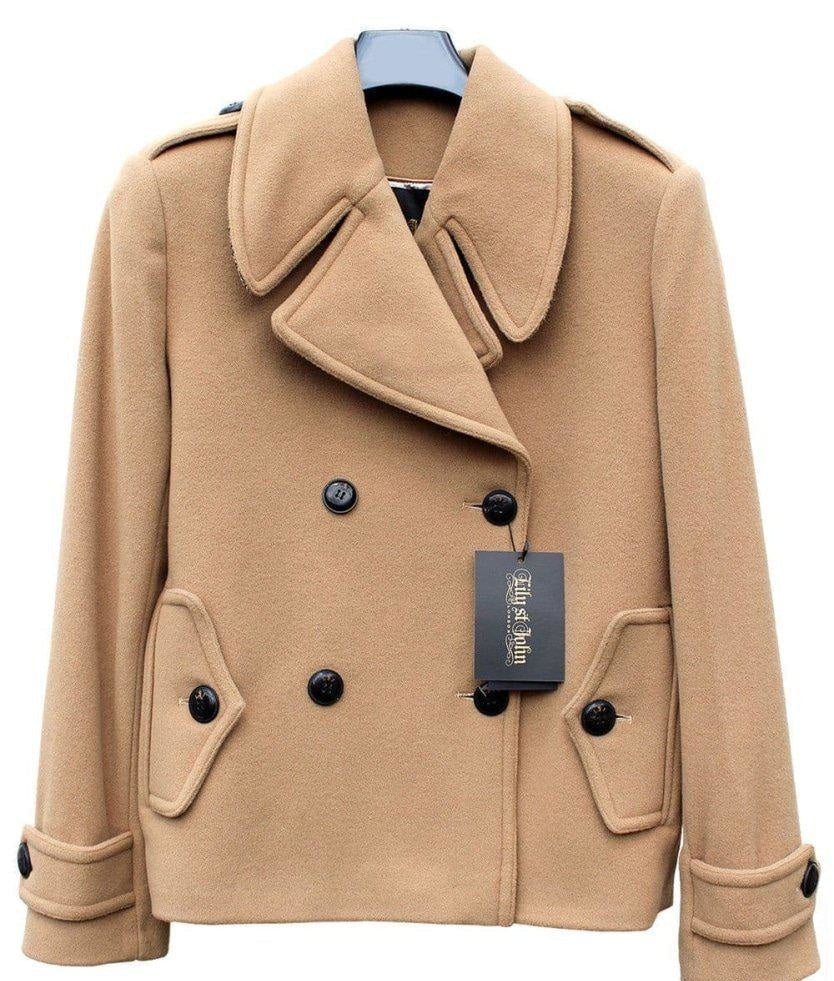 Beige peacoat with black buttons on a white background, featuring a brand tag.