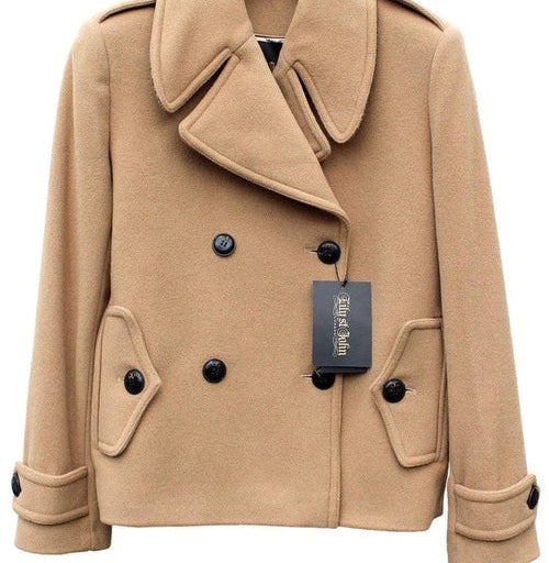 Beige peacoat with black buttons and a tag