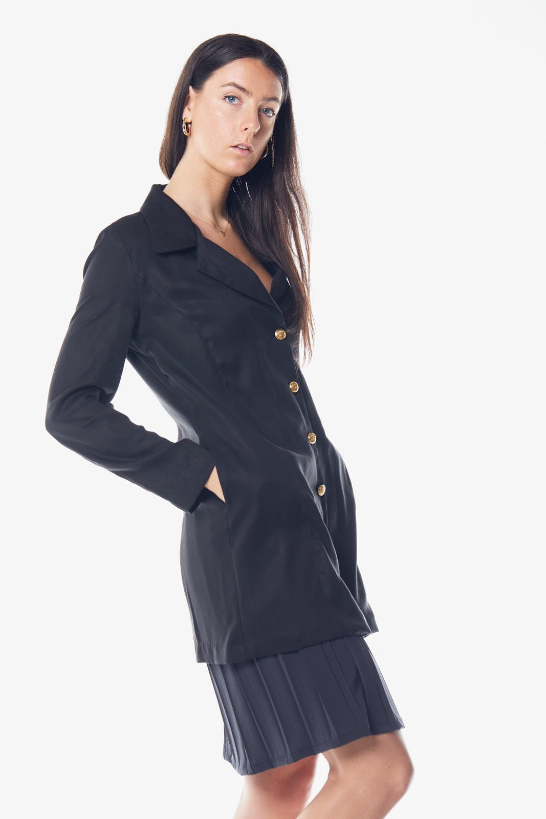 The Grace Long Blazer Dress Black - American Made 100% Linen Designer Jacket - Style Queenz