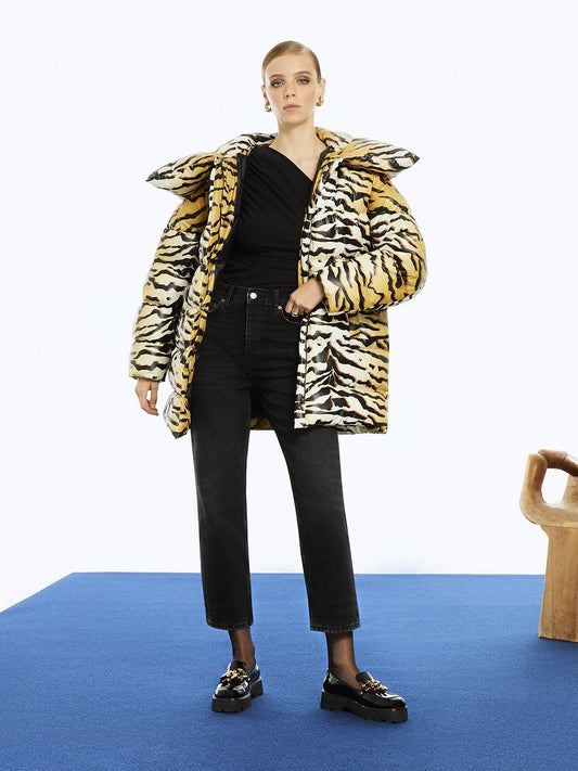 Tiger Print Puffer Jacket - Oversized Wide Collar Hooded Coat - Style Queenz