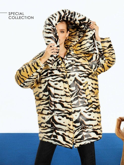 Tiger Print Puffer Jacket - Oversized Wide Collar Hooded Coat - Style Queenz