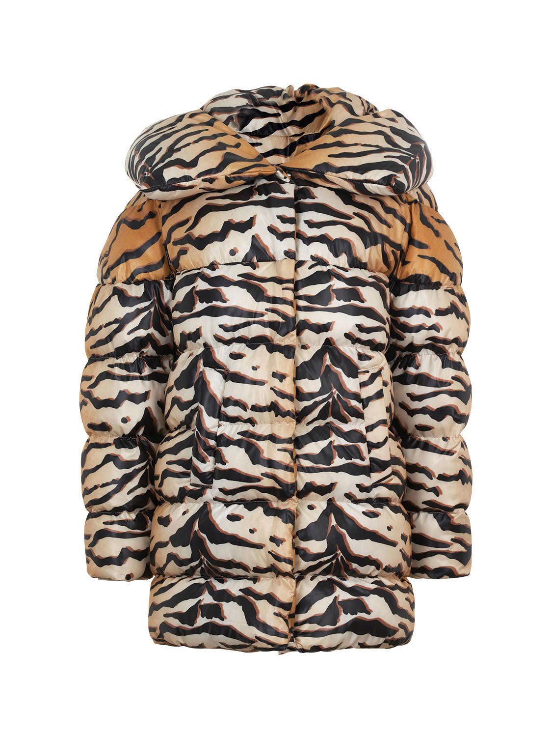 Tiger Print Puffer Jacket - Oversized Wide Collar Hooded Coat - Style Queenz