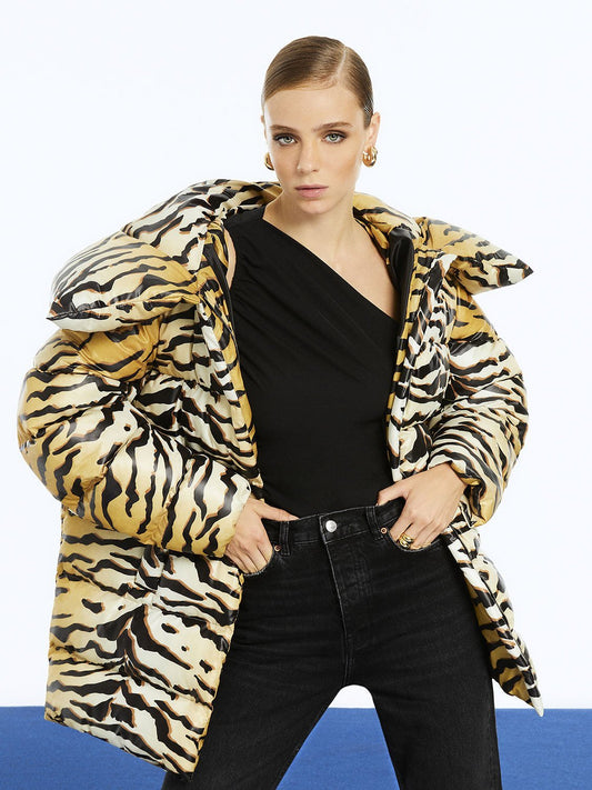 Tiger Print Puffer Jacket - Oversized Wide Collar Hooded Coat - Style Queenz