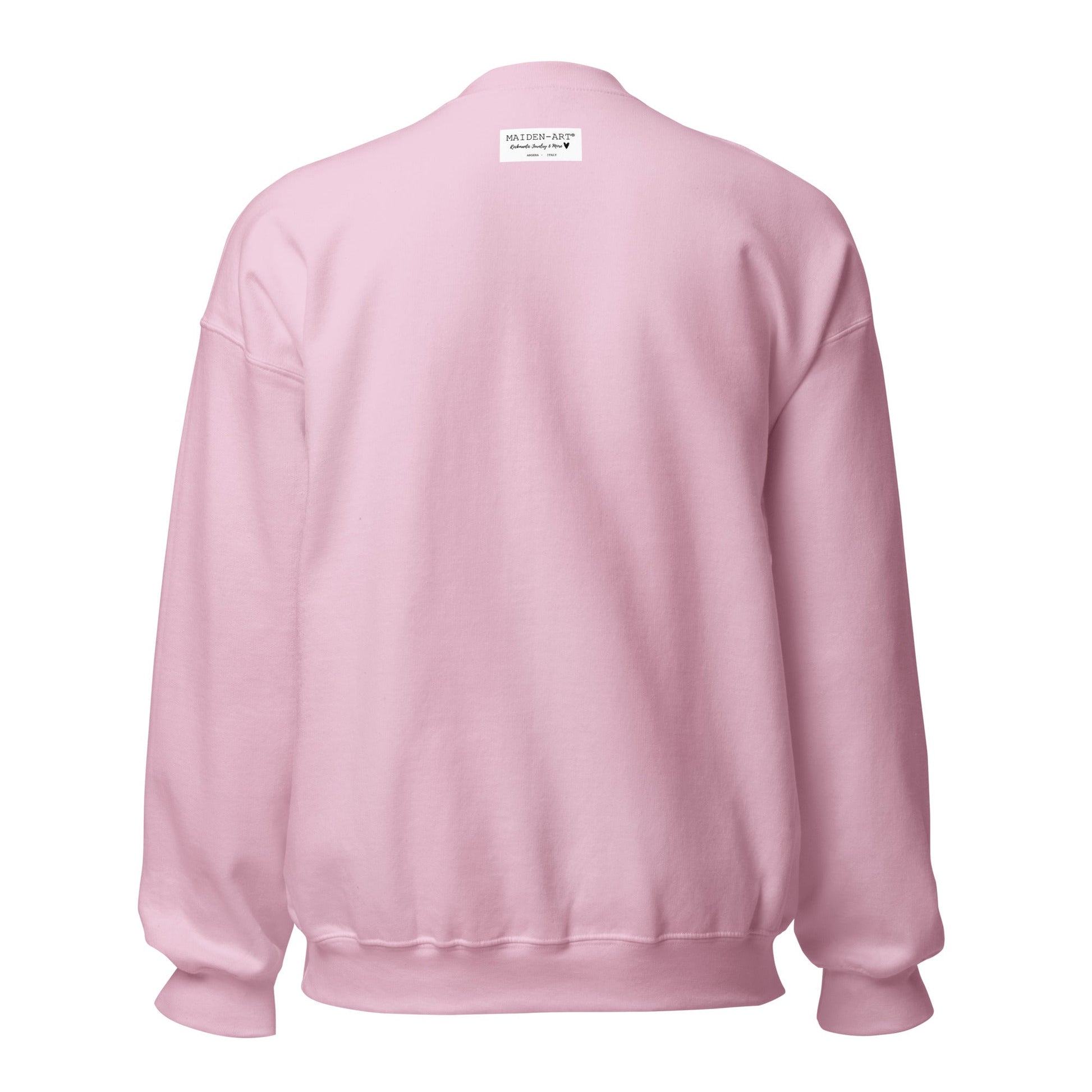 Pink sweatshirt with a brand label on the back against a white background