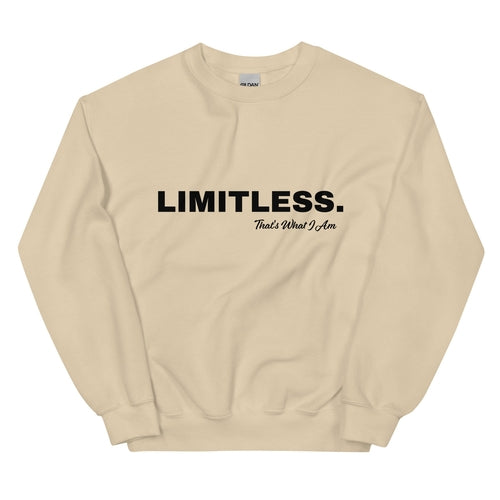 Beige sweatshirt with 'LIMITLESS. That's What I Am' text on a white background