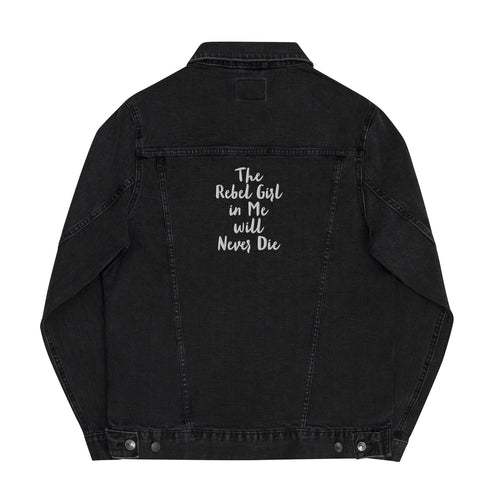 Black denim jacket with text on the back against a white background